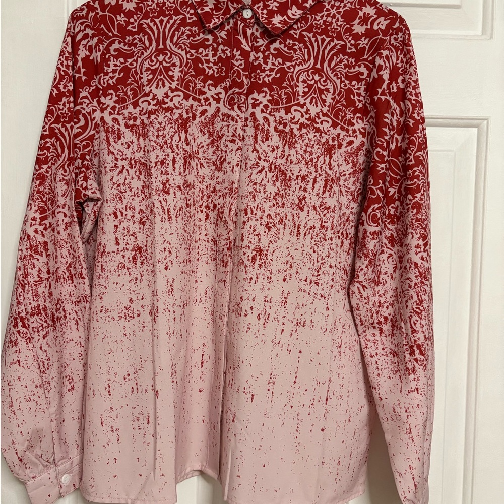 Red and Pink Patterned Long Sleeve Shirt